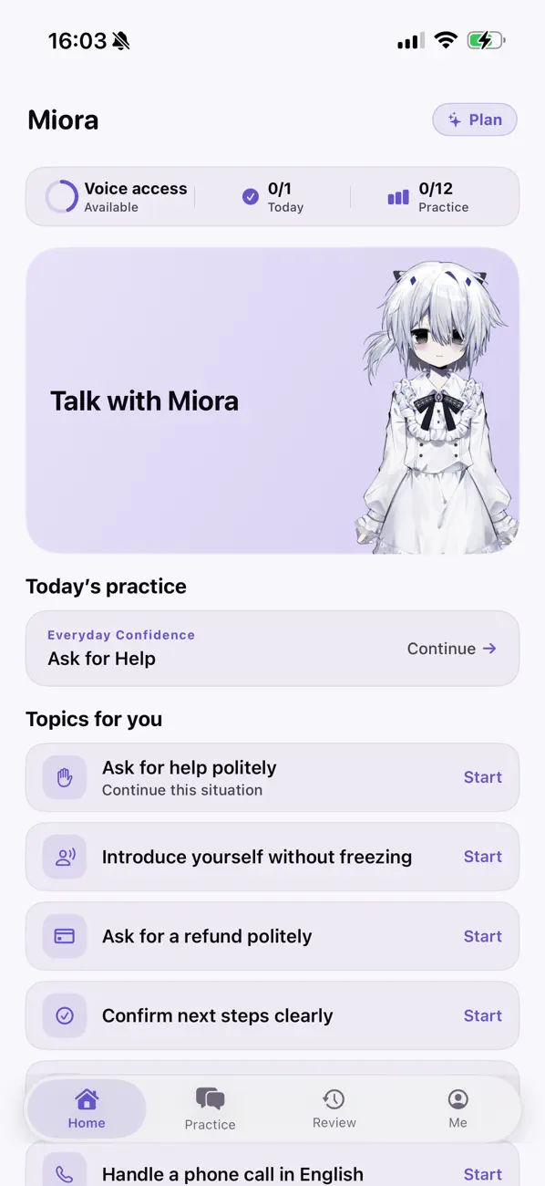 Miora Home showing today’s practice and suggested conversation topics