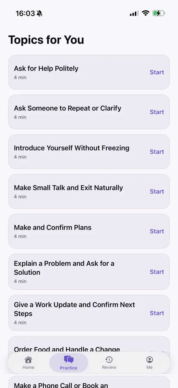 Miora Practice showing guided everyday speaking scenarios